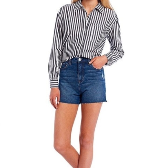 Copper Key Pin-Striped Shirt Womens S Blue White Roll Tab Button Front 167E - Picture 1 of 11